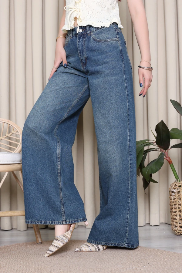 Kadın Koyu Mavi Wide Leg Yüksek Bel Kot Pantolon 5