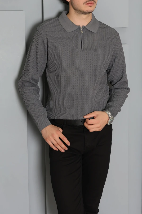 Fermuarlı Polo Yaka Erkek Triko Sweat Antrasit 6