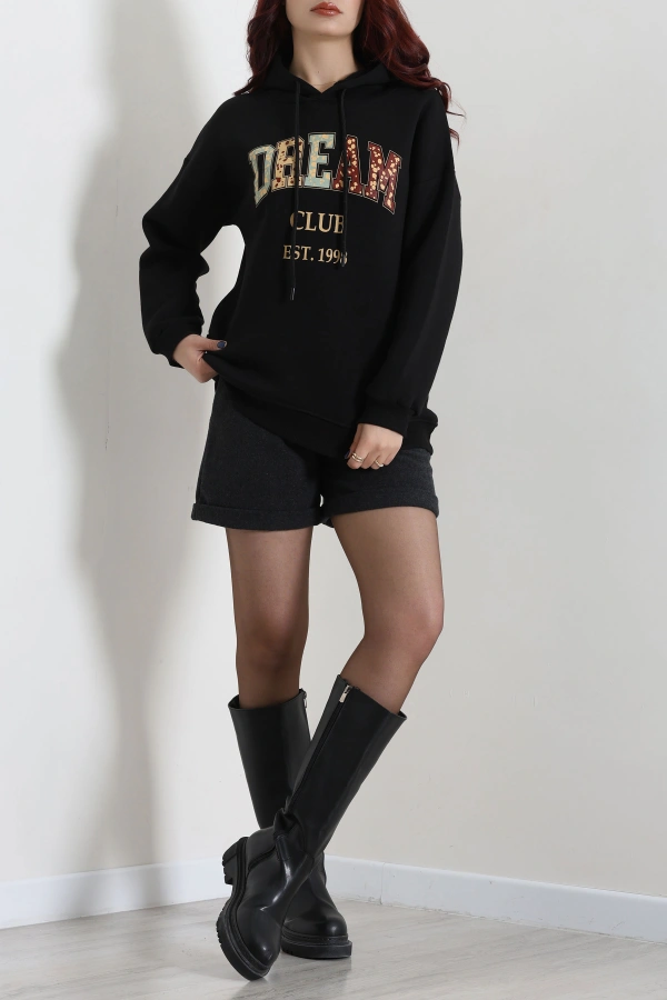 Kadın Siyah Üç İplik Baskılı Kapüşonlu Oversize Sweat 4
