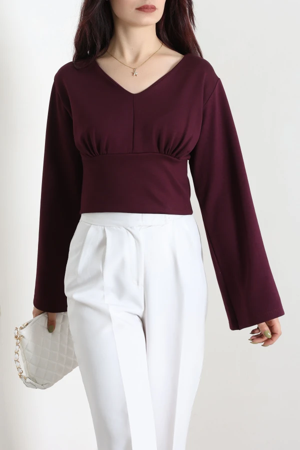 Belden Oturtmalı Kimono Kol Modal Bluz Mürdüm 2