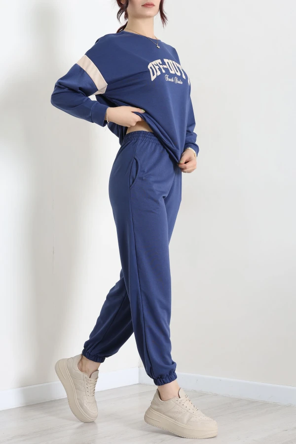 Baskılı Garnili 2 İplik Eşofman Takımı Lacivertekru 6