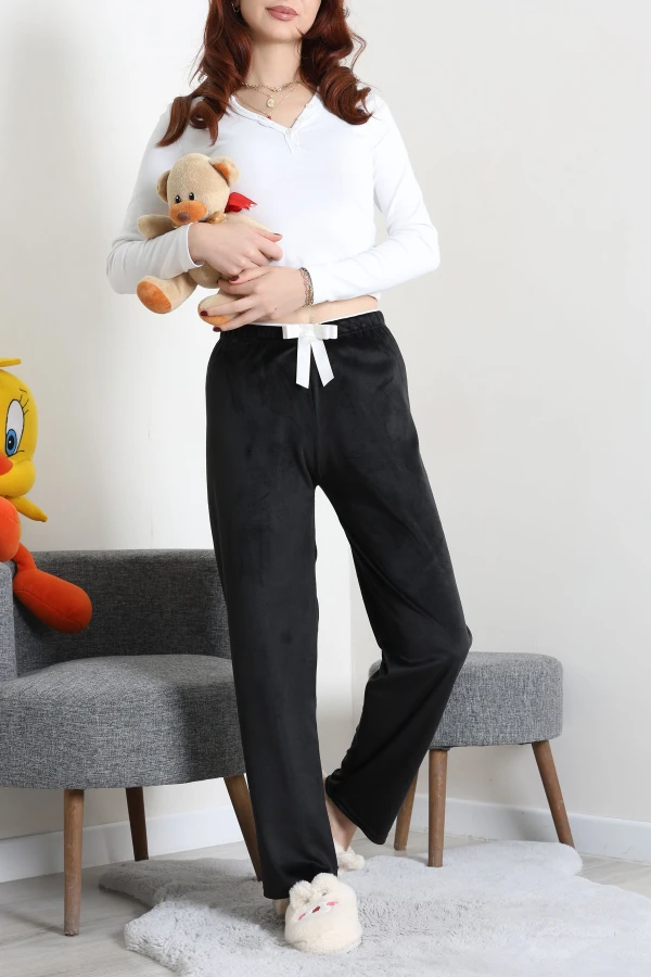 Kadın Siyah Fransız Kadife Pijama Altı Rahat Kalıp