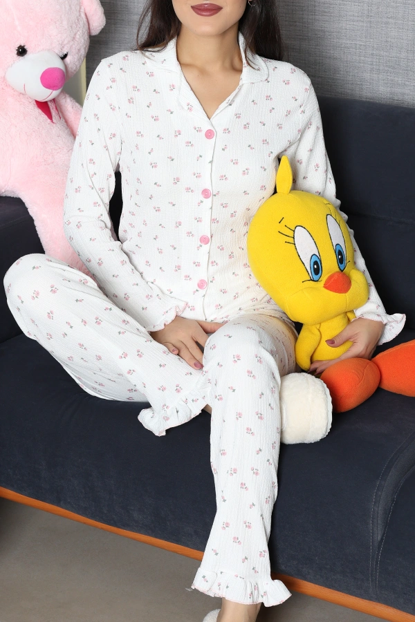 Kadın Beyazpembe Bürümcük Düğmeli Rahat Pijama Takımı 2