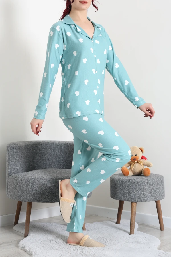 Kadın Mint Yeşili Süet Düğmeli Pijama Takımı 4