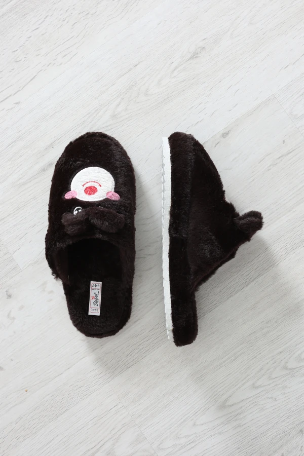 Peluş Desenli Kadın Ev Terliği Acıkahve 2