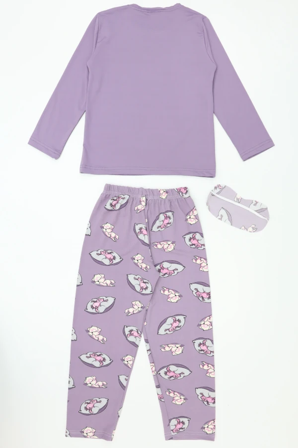Çocuk Mor 5-9 Yaş Pijama Takımı Uzun Kollu Pamuklu 7