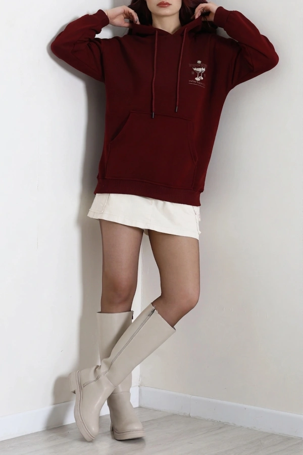 Kadın Bordo Üç İplik Kapüşonlu Baskılı Sweat Tunik 4