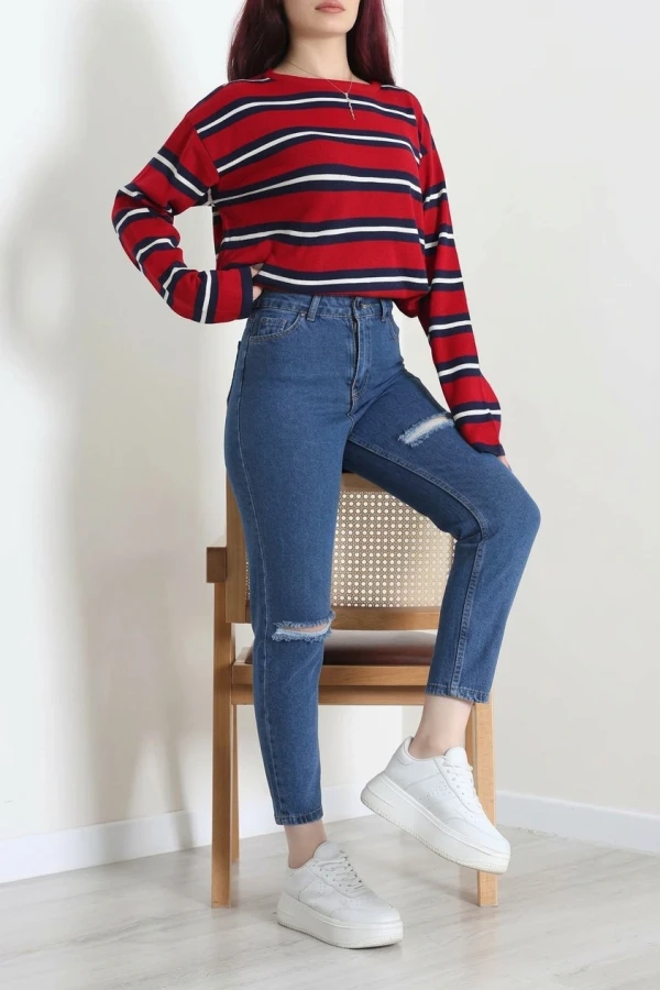 Kadın Mavi Lazer Kesim Mom Fit Yüksek Bel Kot Pantolon