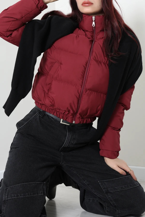 Beli Lastikli Şişme Mont Bordo 4