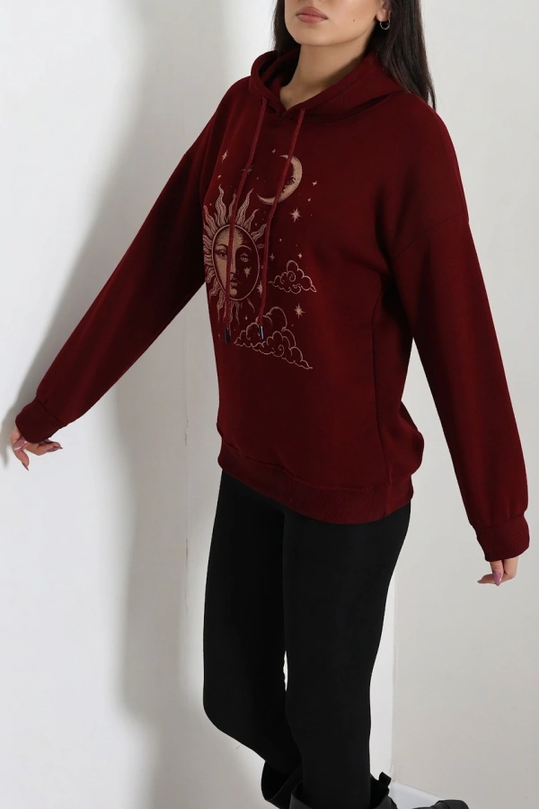 Kadın Bordo Üç İplik Kapüşonlu Baskılı Sweat Tunik 5