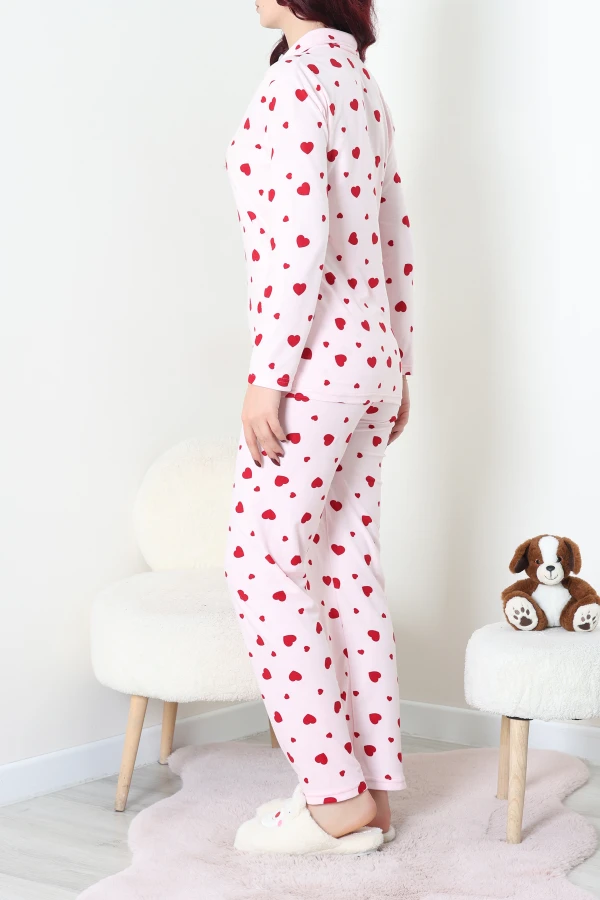 Kadın Pembe Kalpli Süet Düğmeli Pijama Takımı 8