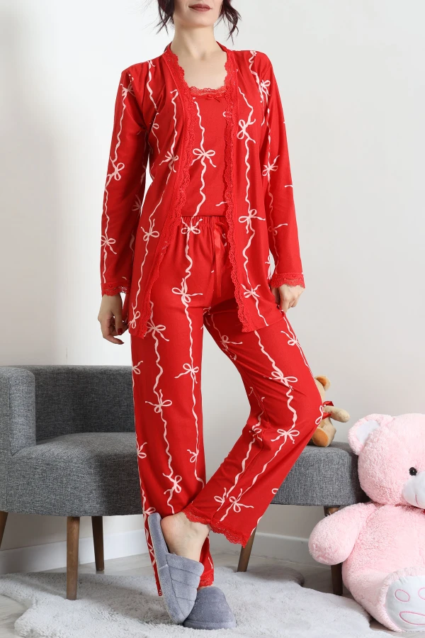 Süet 3'Lü Pijama Set Kırmızı 6