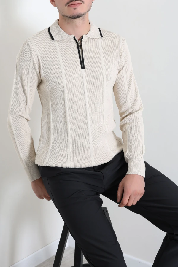 Çizgili Polo Yaka Erkek Triko Sweat Taş 4