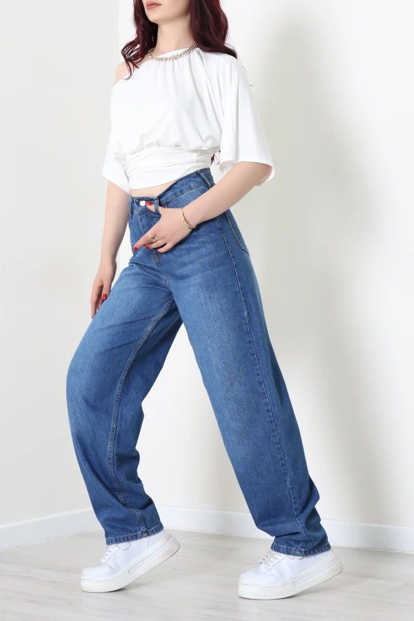 Kadın Mavi Baggy Fit Yüksek Bel Kot Pantolon 4