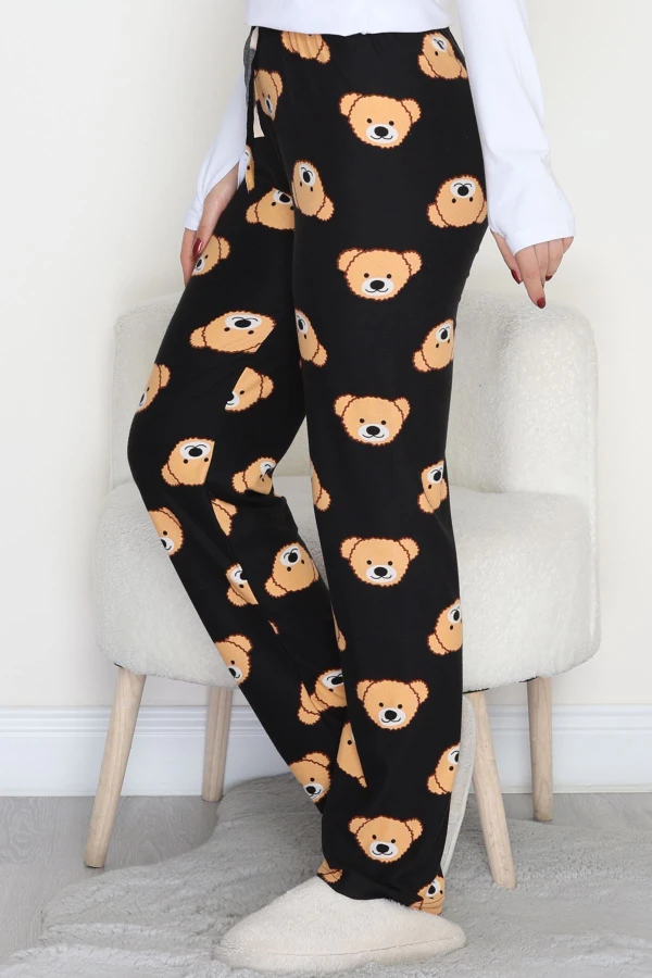 Kadın Siyah Desenli Süet Pijama Altı Rahat Kalıp