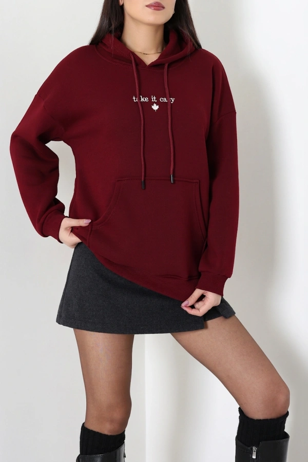 Kadın Bordo Üç İplik Kapüşonlu Nakışlı Sweatshirt 4