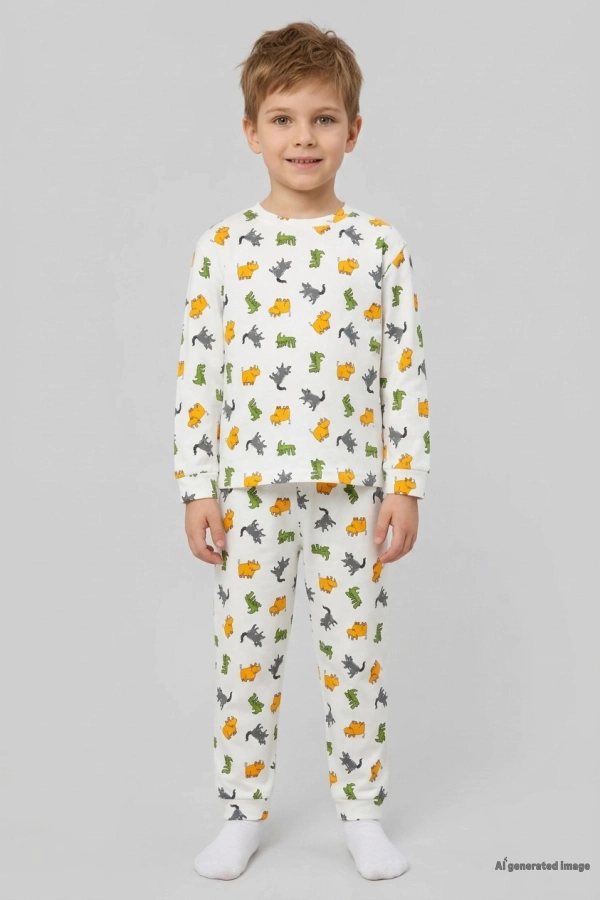 Erkek Çocuk Beyaz Turuncu Pamuklu Rahat Kalıp Pijama Takımı
