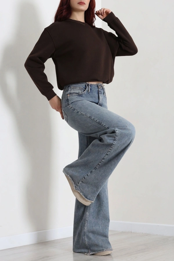 Kadın Kahve 3 İplik Bisiklet Yaka Şardonlu Sweatshirt 4