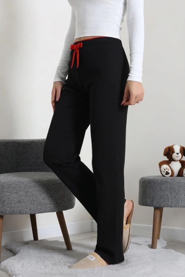 Kadın Siyah Ribana Pamuklu Rahat Kalıp Pijama Altı 3
