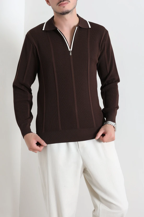 Çizgili Polo Yaka Erkek Triko Sweat Kahve 2