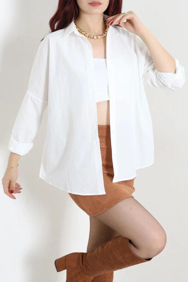 Oversize Poplin Gömlek Krem 5