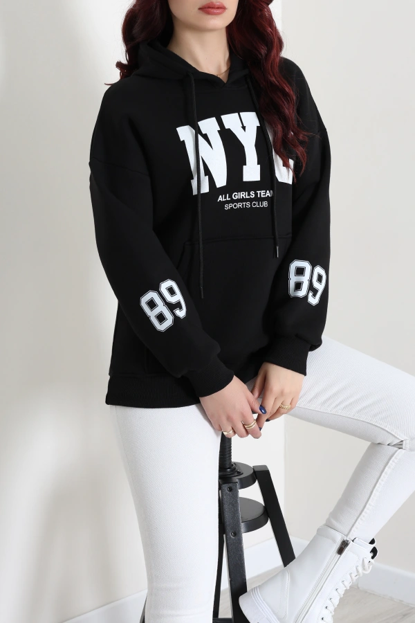 Kadın Siyah Kapüşonlu Baskılı Oversize Sweat 5