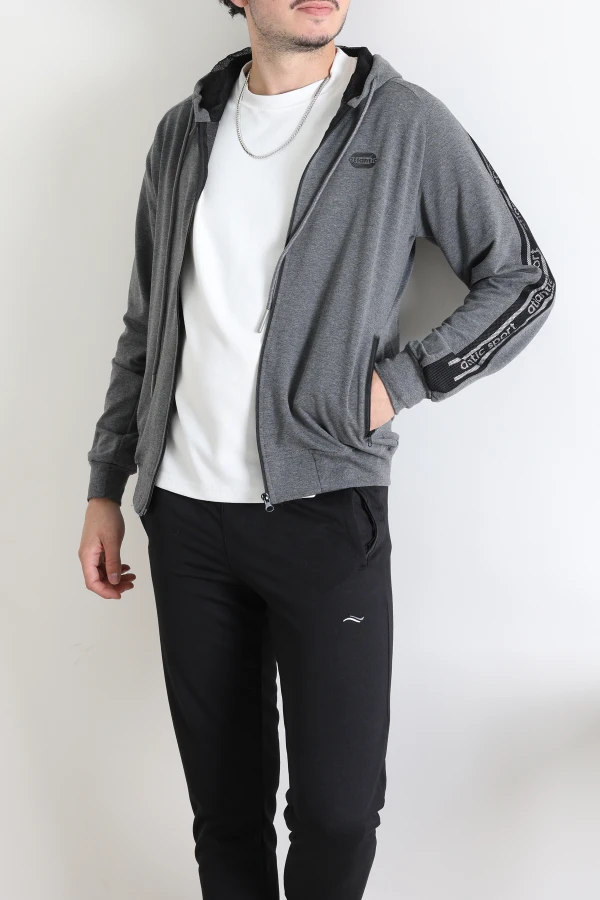 Kapüşonlu Şeritli Fermuarlı 2 İplik  Erkek Sweatshirt Füme