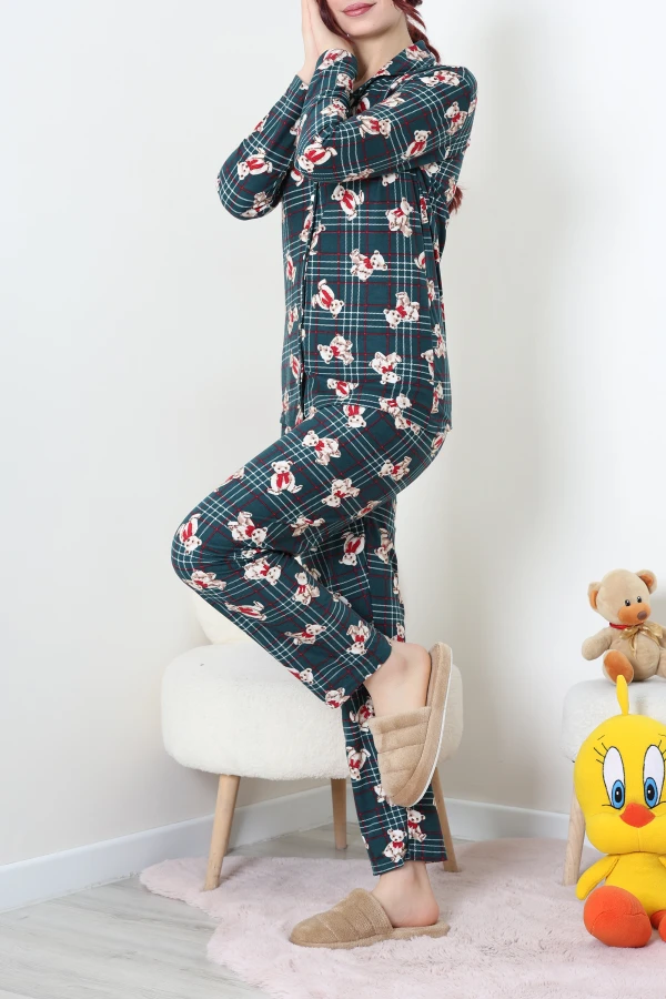 Süet Düğmeli Pijama Takım Zümrüt 6