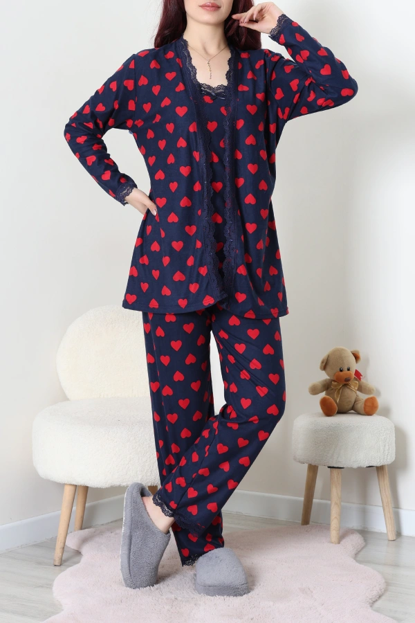 Süet 3'Lü Pijama Set Lacivertkırmızı 3