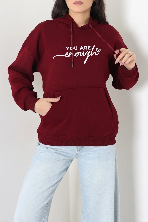 Kadın Bordo Kapüşonlu Baskılı Oversize Sweat Tunik