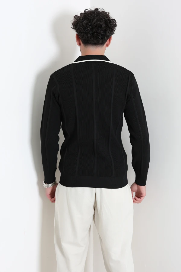 Çizgili Polo Yaka Erkek Triko Sweat Siyah 7