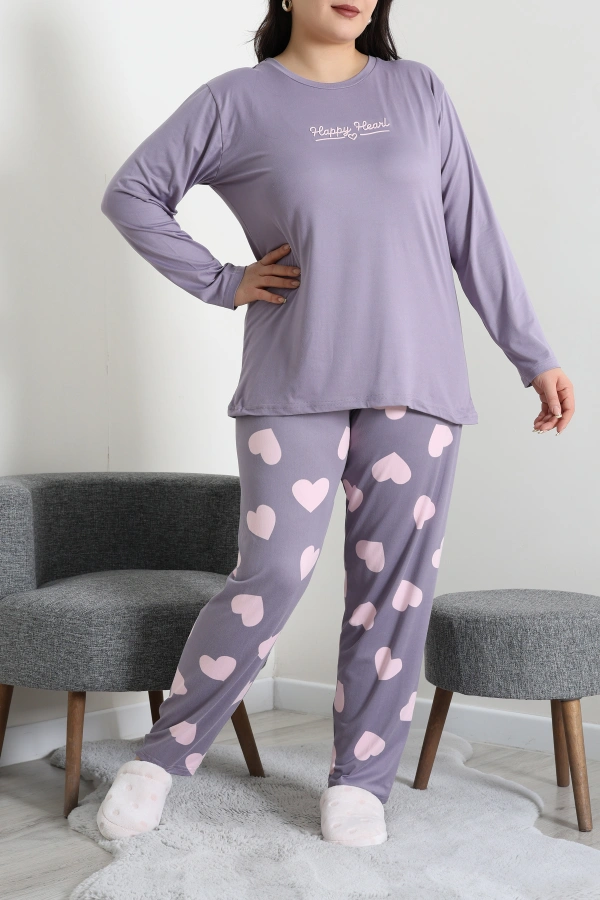 Kadın Mor Büyük Beden Baskılı Pamuklu Pijama Takımı 3