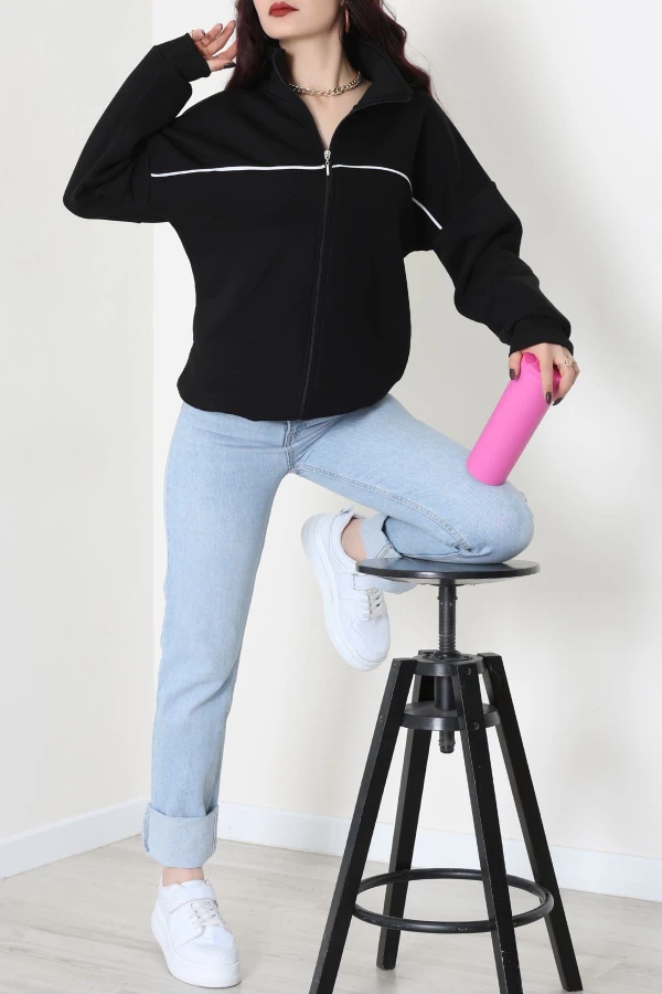 3 İplik Kompakt Oversize Biye Detaylı Sweat Siyah 3