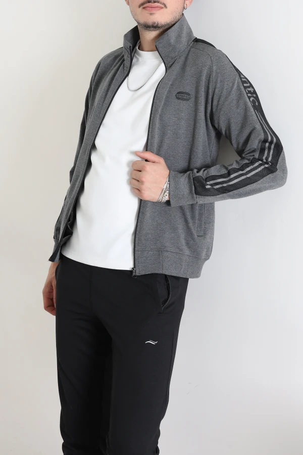 2 İplik Premium Fermuarlı Şeritli  Erkek Sweat Füme