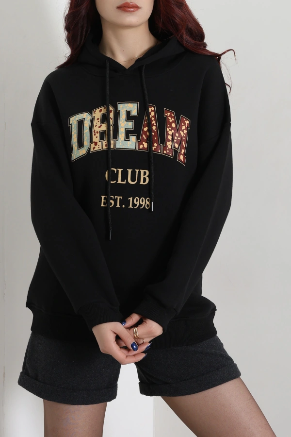 Kadın Siyah Üç İplik Baskılı Kapüşonlu Oversize Sweat 3