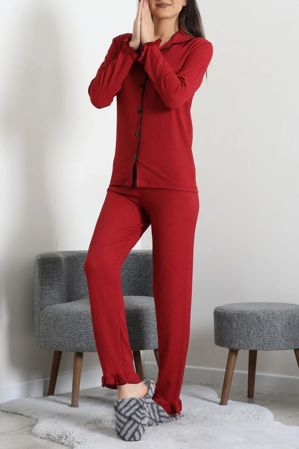 Kadın Bordo Bürümcük Düğmeli Pijama Takımı Rahat Kalıp 7