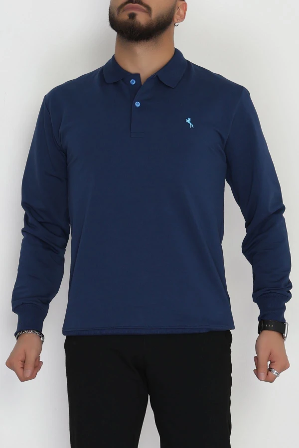 Erkek Lacivert 2 İplik Likralı Polo Yaka Sweatshirt