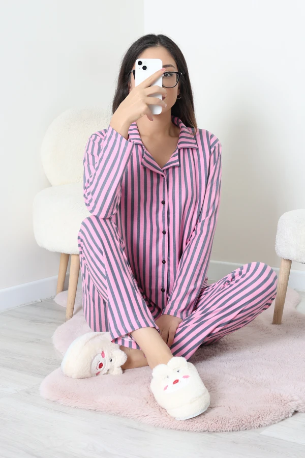 Süet Düğmeli Pijama Takımı Pembefüme 4