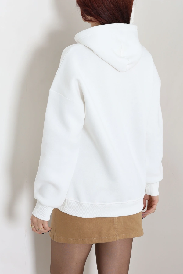 Kadın Ekru Üç İplik Baskılı Kapüşonlu Sweat Tunik 8