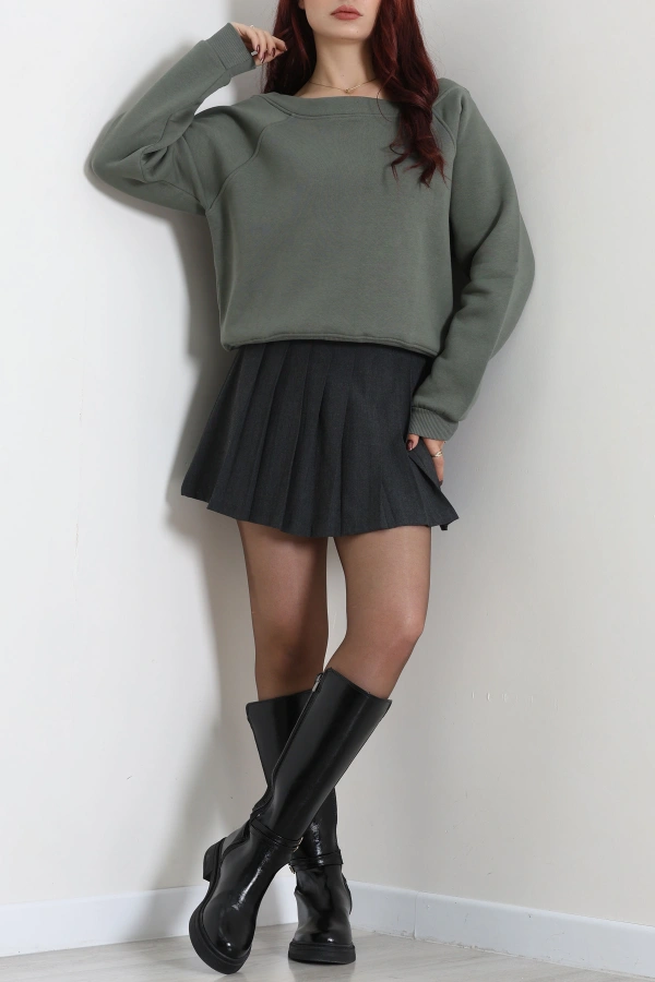 Kadın Haki Kayık Yaka 3 İplik Şardonlu Sweatshirt Tunik 3