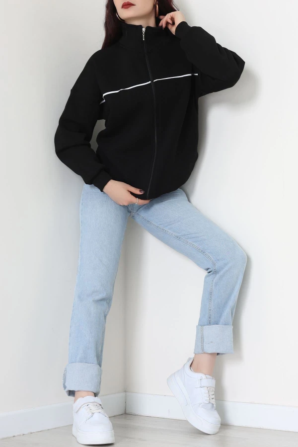 3 İplik Kompakt Oversize Biye Detaylı Sweat Siyah 5