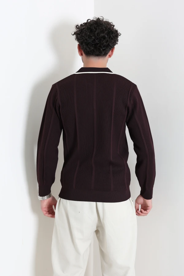 Çizgili Polo Yaka Erkek Triko Sweat Mürdüm 7