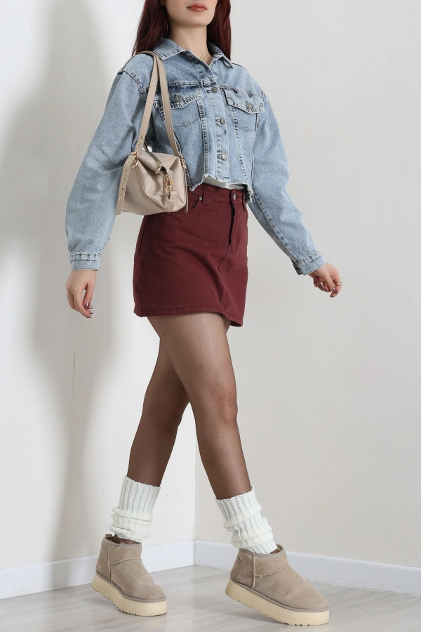 Kadın Mavi Crop Kot Ceket Karyıkama Detaylı Regular Fit 4