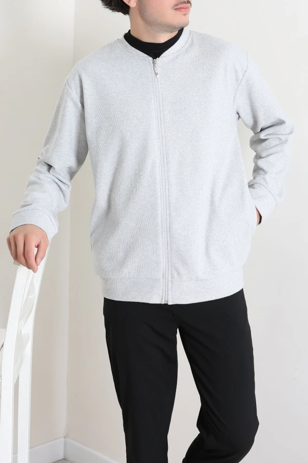 Fermuarlı Selanik Kumaş Erkek Sweat Gri 5