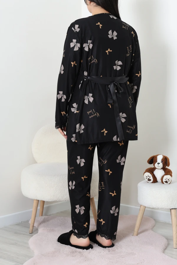 Kadın Siyah Bej Süet Büyük Beden 3'lü Pijama Takımı Seti 8