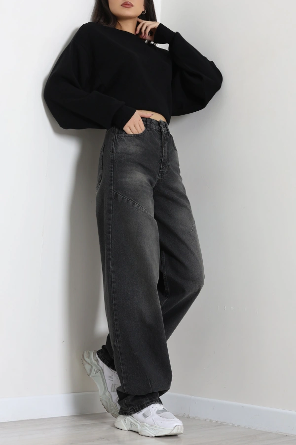 Kadın Füme Tokalı Baggy Fit Yüksek Bel Kot Pantolon 4