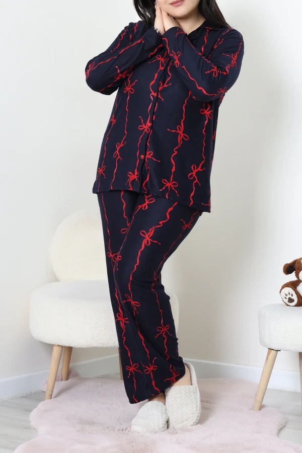 Kadın Lacivert Süet Büyük Beden Düğmeli Pijama Takımı 5