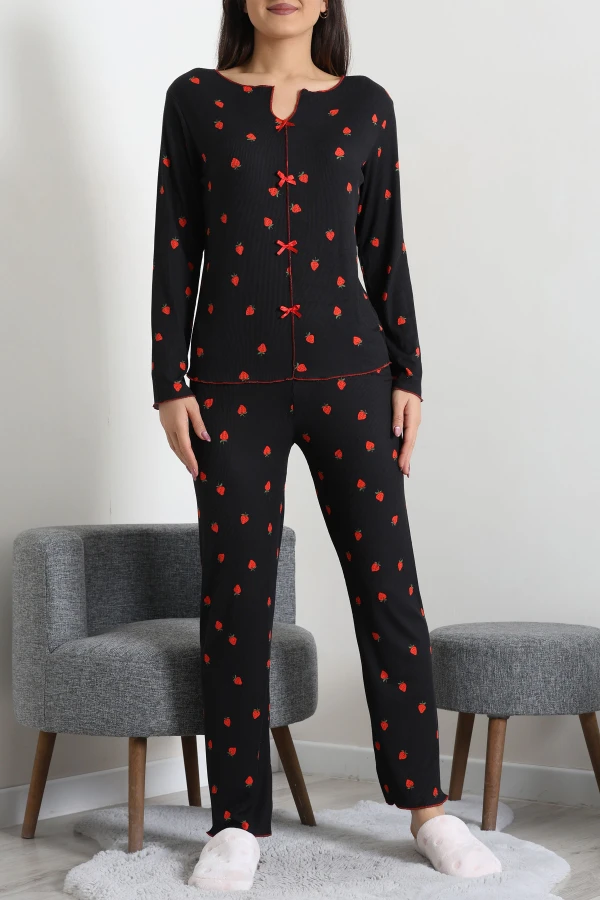 Kadın Siyah Kaşkorse Askılı Fitilli Pijama Takımı 4