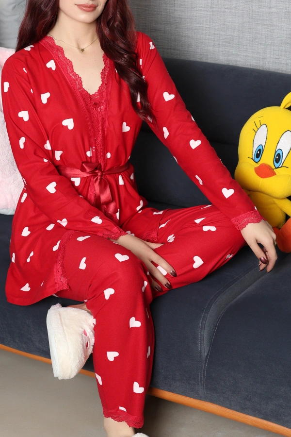 Kadın Kırmızı Beyaz Süet 3'lü Pijama Takımı