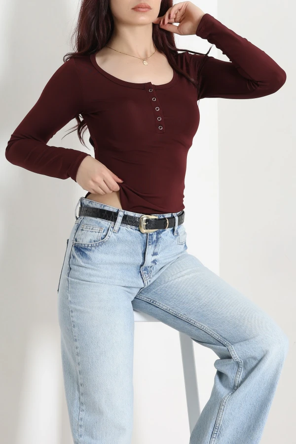 Kadın Bordo Dalgıç Bisiklet Yaka Uzun Kol Çıtçıtlı Body